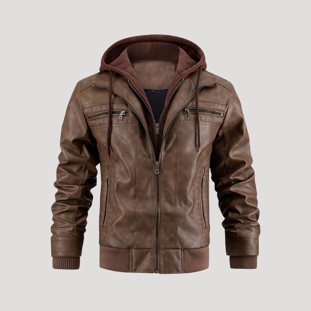 Herr läderjacka bomberjacka med avtagbar huva vinter