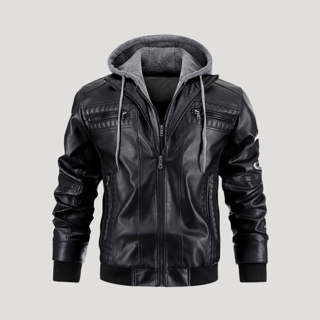 Herr läderjacka bomberjacka med avtagbar huva vinter
