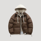 Herr svart pufferjacka quiltad med huva för vinterbruk