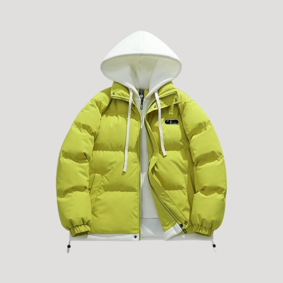 Herr svart pufferjacka quiltad med huva för vinterbruk