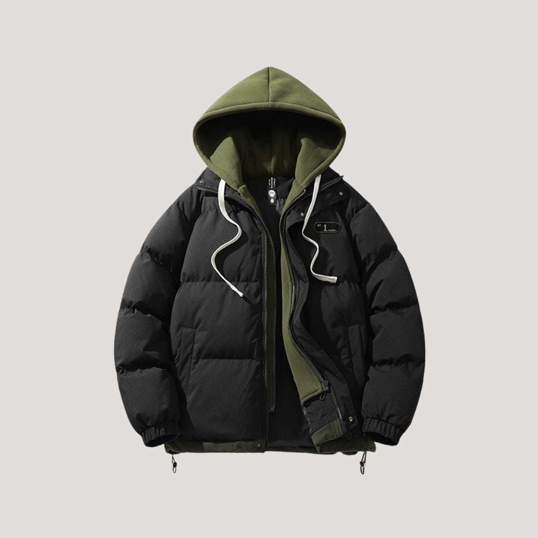 Herr svart pufferjacka quiltad med huva för vinterbruk