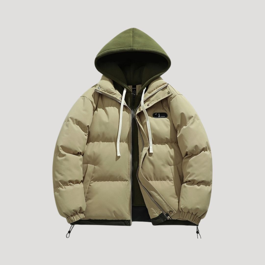 Herr svart pufferjacka quiltad med huva för vinterbruk