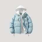 Herr svart pufferjacka quiltad med huva för vinterbruk