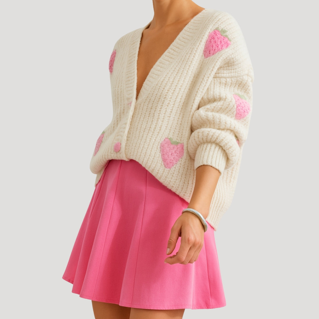 Chunky knit cardigan in pastel pink with strawberry details. 0