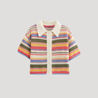 Randig virkad kortärmad cardigan i beige med avslappnad passform. 0