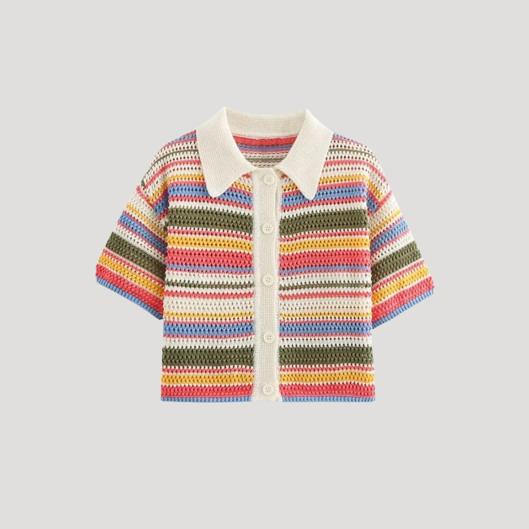 Randig virkad kortärmad cardigan i beige med avslappnad passform. 0