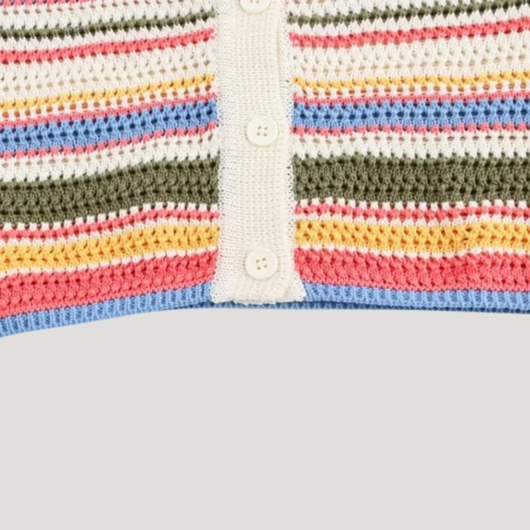 Randig virkad kortärmad cardigan i beige med avslappnad passform. 4