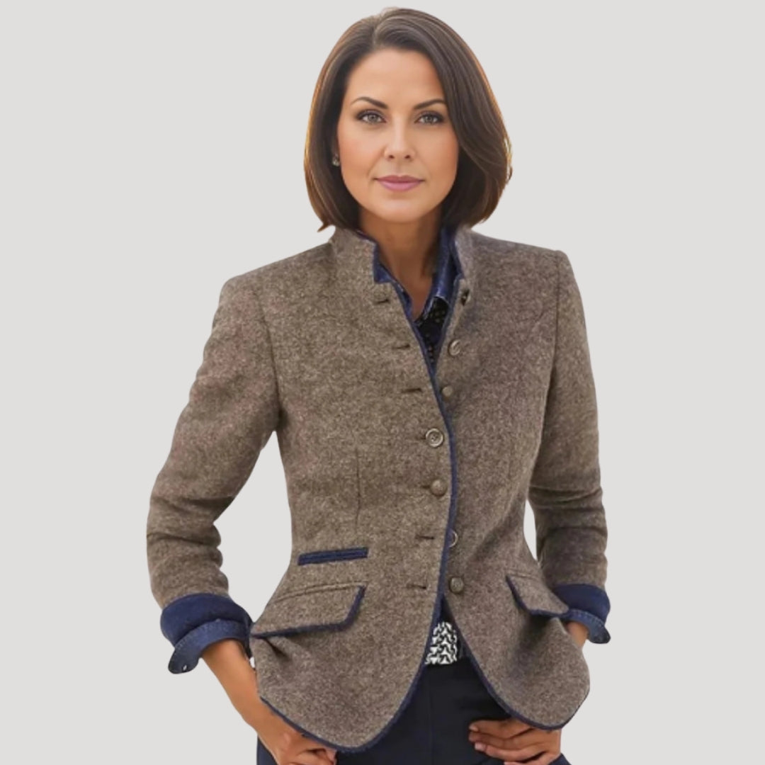 Tweed blazer for women, dark gray, featuring a high collar and elegant design. 0