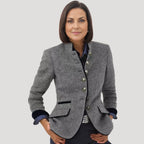 Tweed blazer in dark gray with a high collar and elegant style. 1