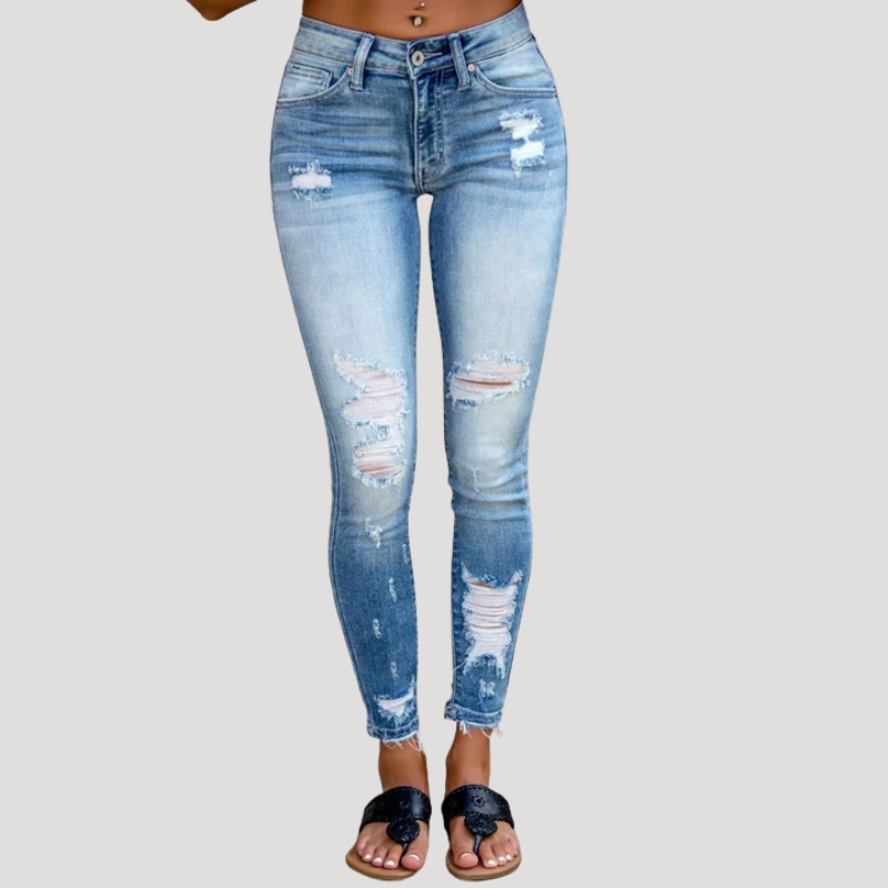 Dam Skinny Jeans Hög Midja Slitna Detaljer Ljusblå