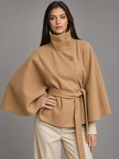 Bältad omlottponcho för kvinnor – kort cape i ull med hög krage – produktbild 2