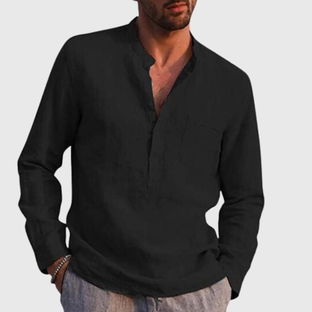 Herr skjorta med murarkrage linne långärmad avslappnad passform