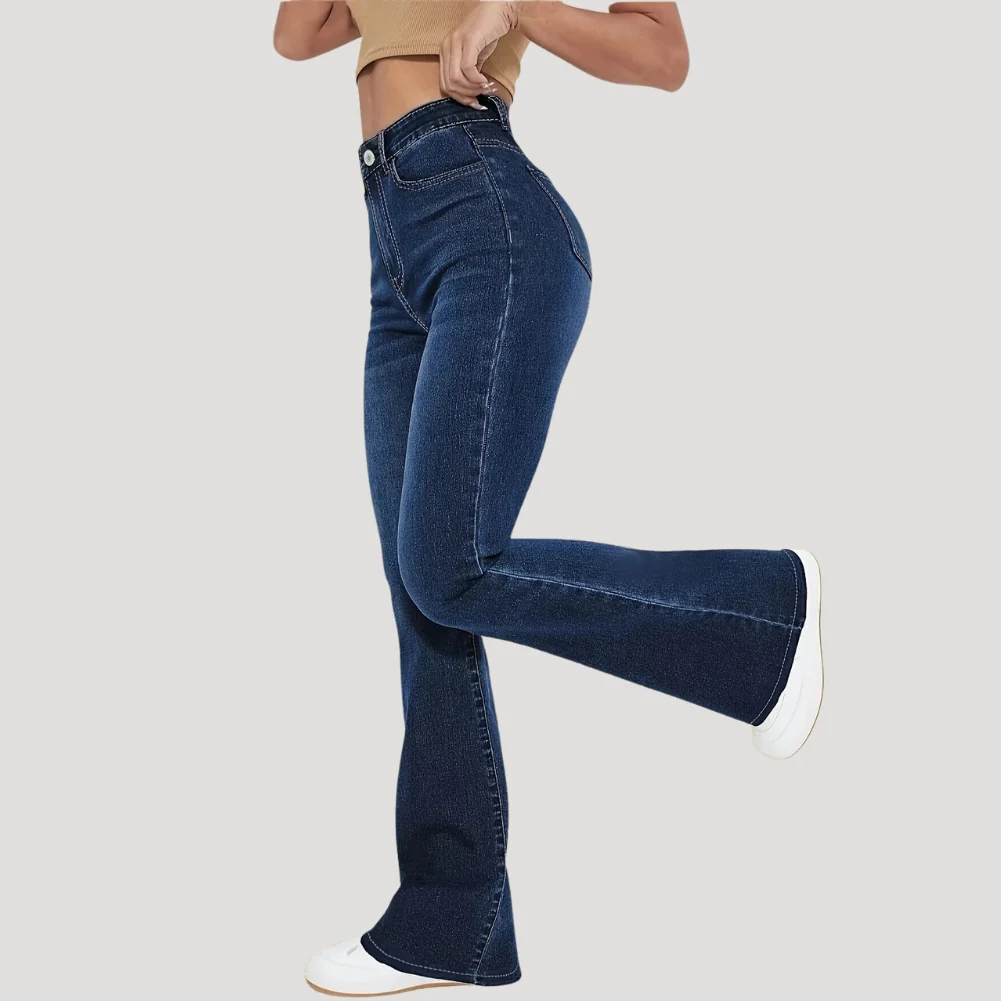 Dam Utsvängda Jeans Hög Midja Mörkblå Denim