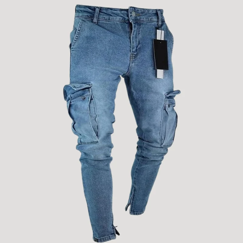 Herr Cargo Jeans Slim Fit Med Fickor Denim Passform