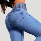 Dam Utsvängda Jeans Hög Elastisk Midja Blå Denim