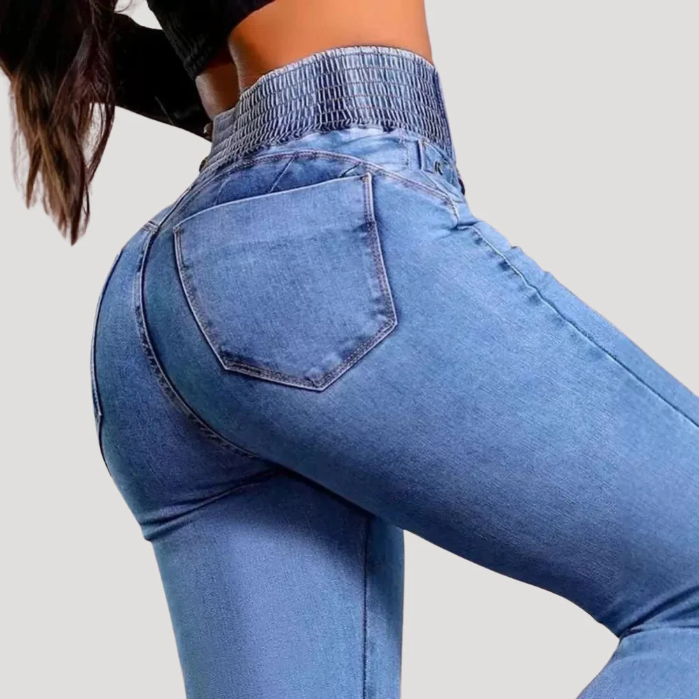 Dam Utsvängda Jeans Hög Elastisk Midja Blå Denim