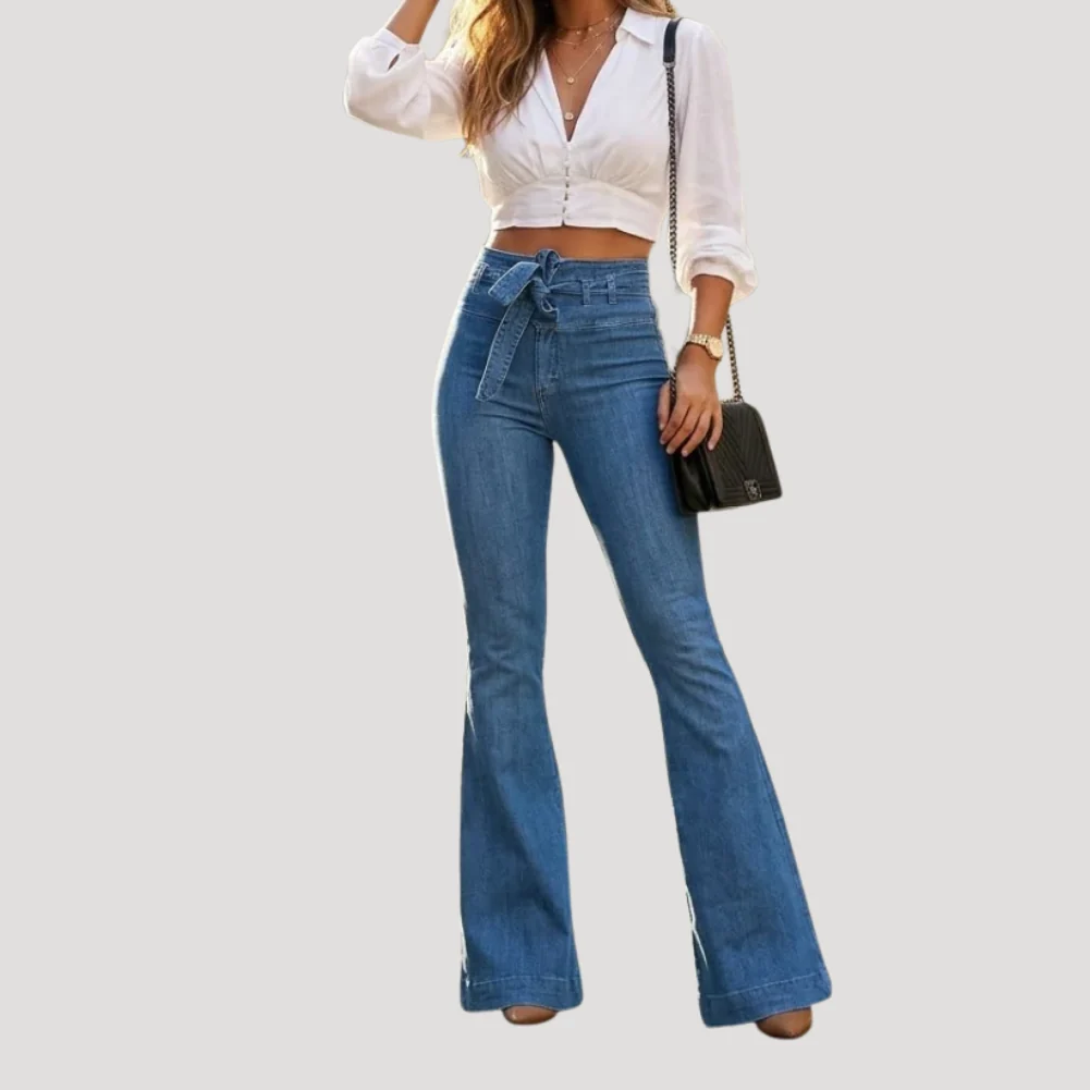 Dam Utsvängda Jeans Hög Midja Snörning Denim