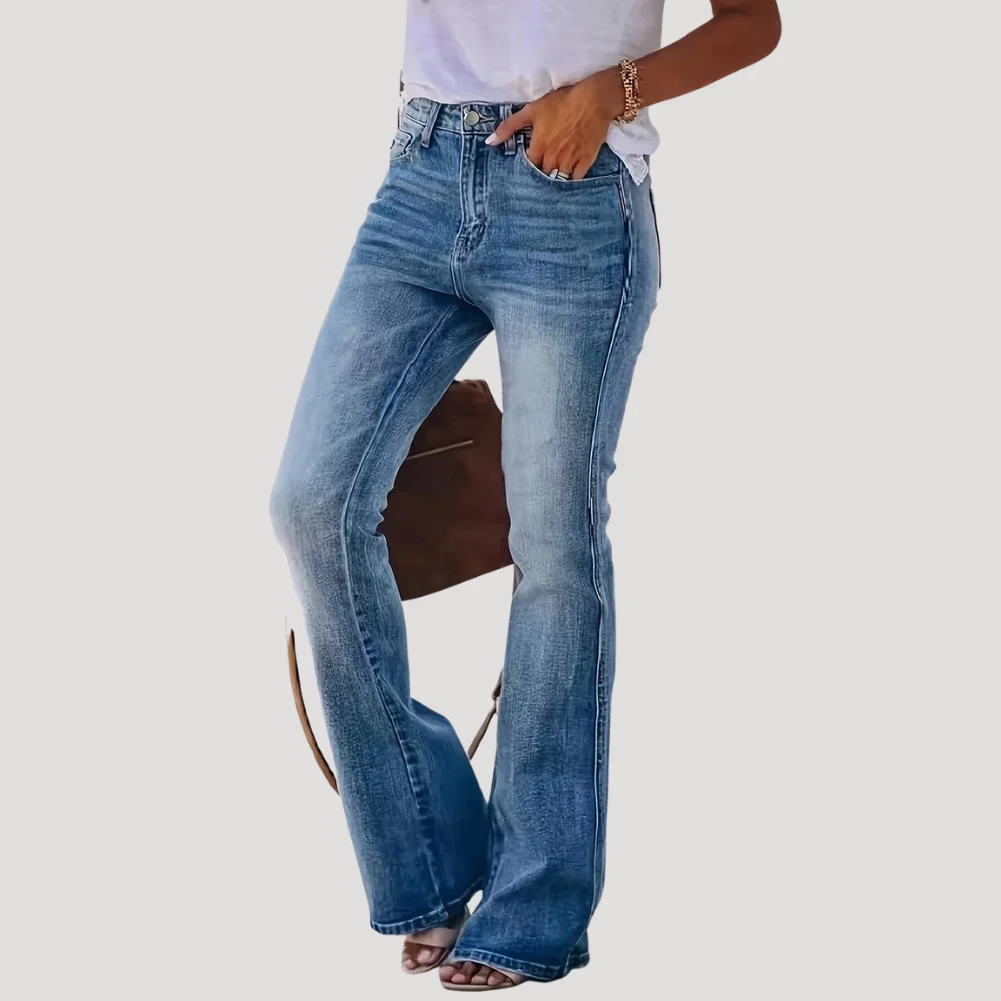 Dam Utsvängda Jeans Medelhög Midja Blå Denim