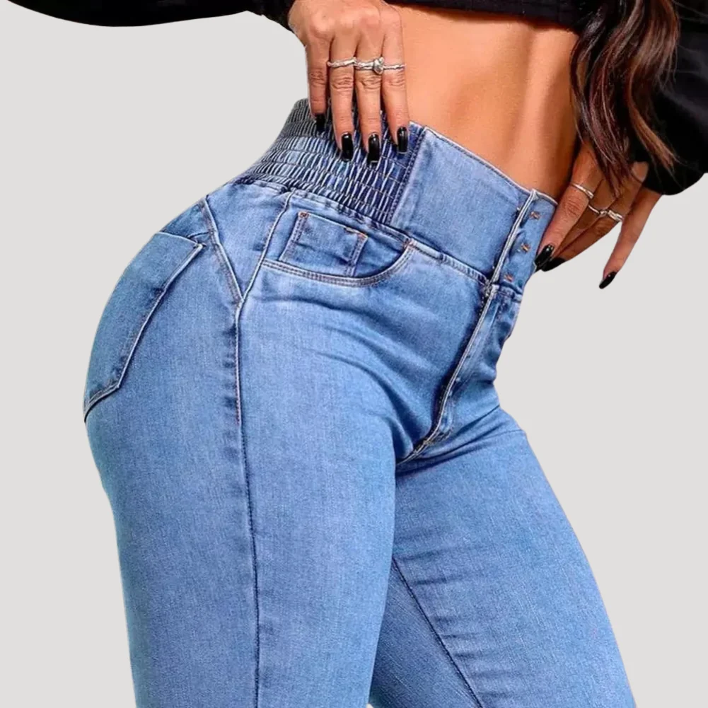 Dam Utsvängda Jeans Hög Elastisk Midja Blå Denim