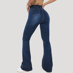 Dam Utsvängda Jeans Hög Midja Mörkblå Denim