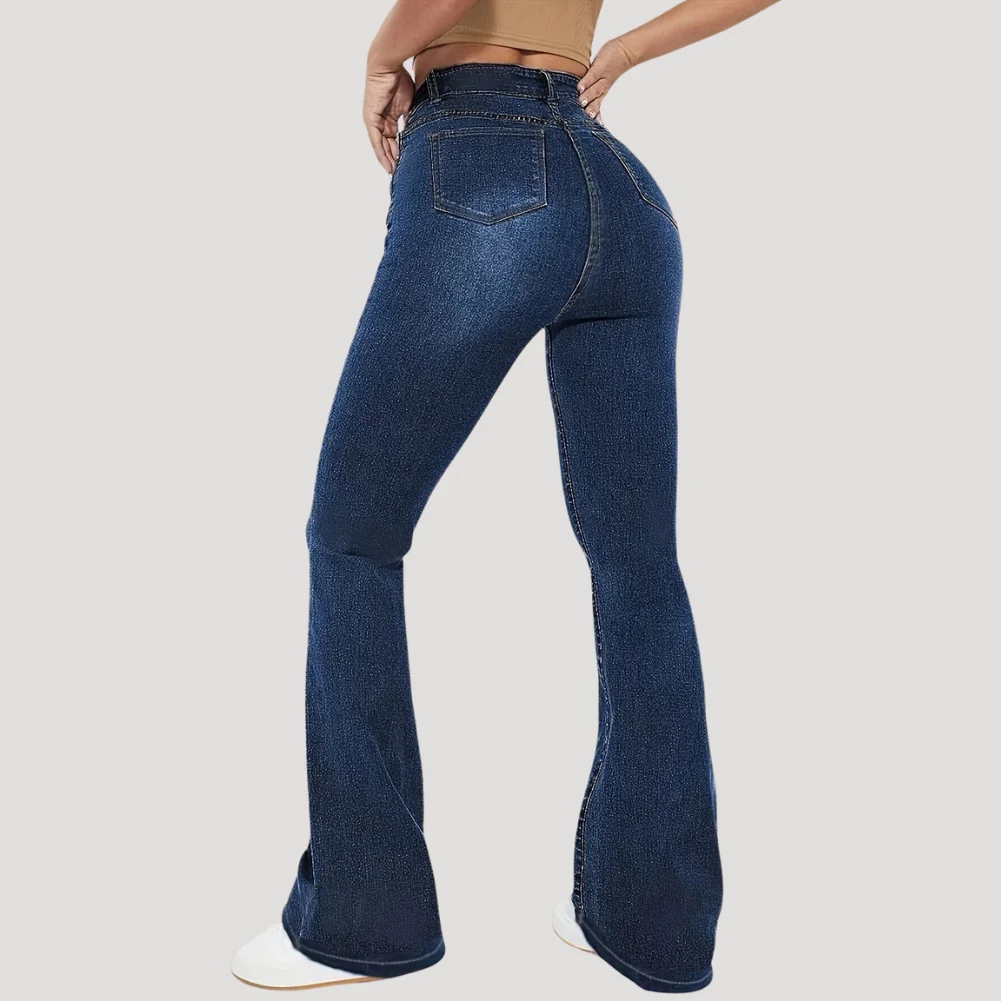 Dam Utsvängda Jeans Hög Midja Mörkblå Denim