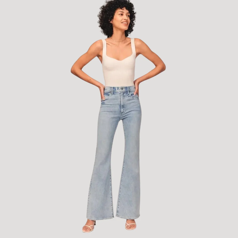 Dam Utsvängda Jeans Hög Midja Vardaglig Denim