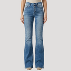 Dam Utsvängda Jeans Hög Midja Med Knappar Blå Denim