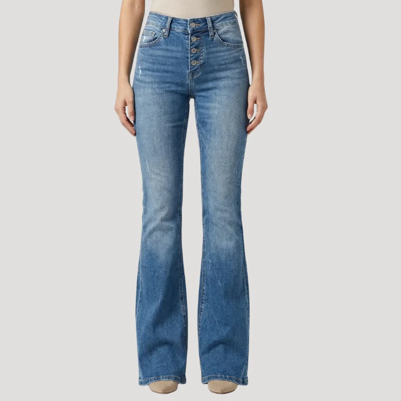 Dam Utsvängda Jeans Hög Midja Med Knappar Blå Denim