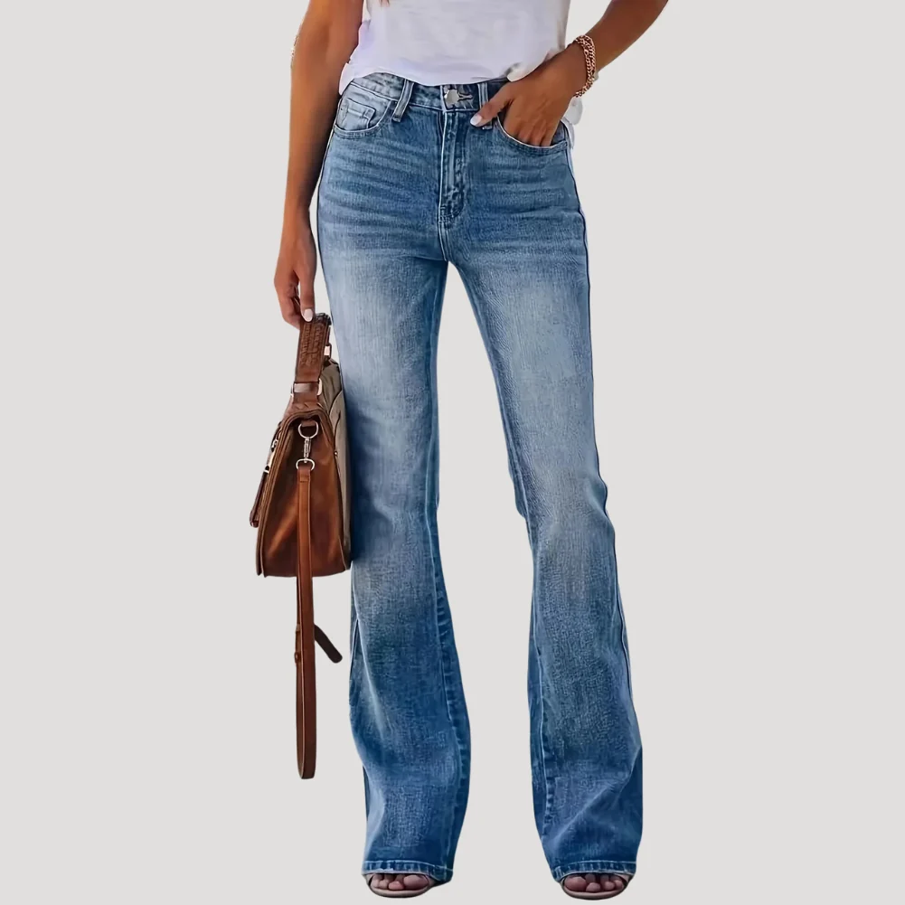 Dam Utsvängda Jeans Medelhög Midja Blå Denim