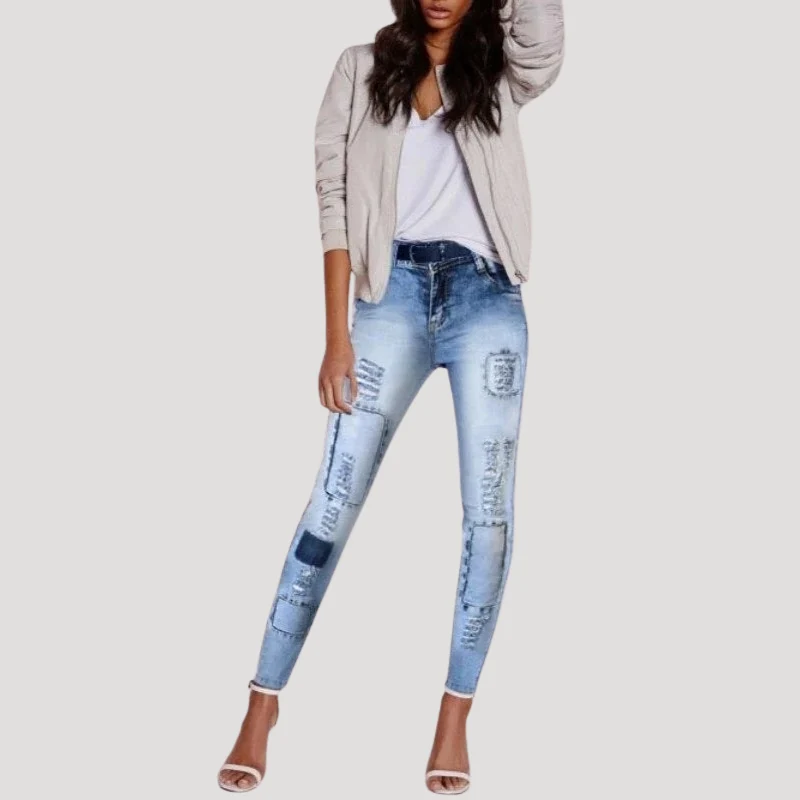 Dam Skinny Jeans Lågmidjade Slitna Ljusblå