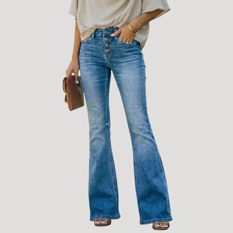 Dam Utsvängda Jeans Hög Midja Med Knappar Blå Denim