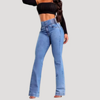 Dam Utsvängda Jeans Hög Elastisk Midja Blå Denim