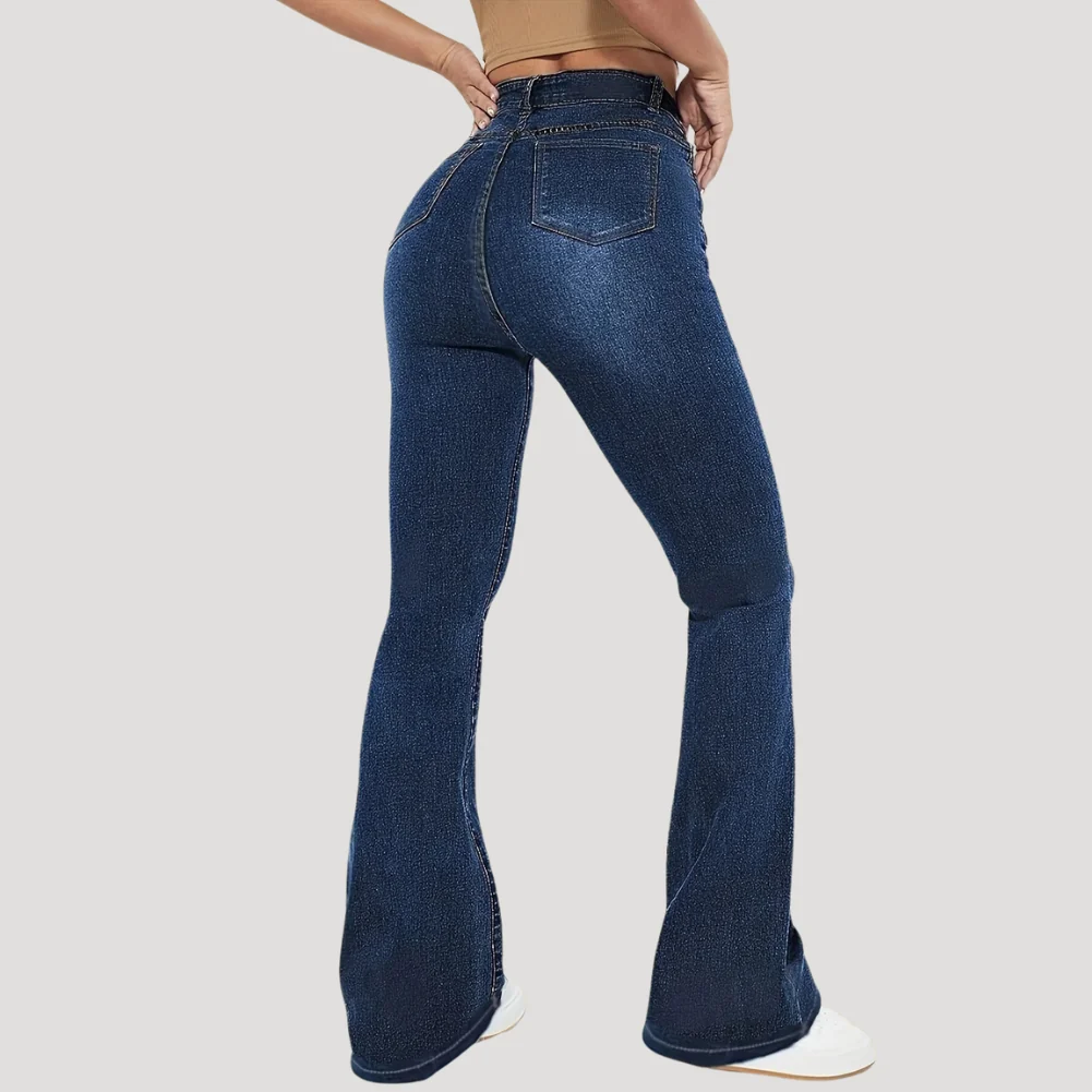 Dam Utsvängda Jeans Hög Midja Mörkblå Denim